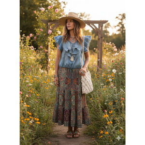 Free People FP One Denim Ruffle Blouse Light Wash Flutter Sleeve Boho Top Small